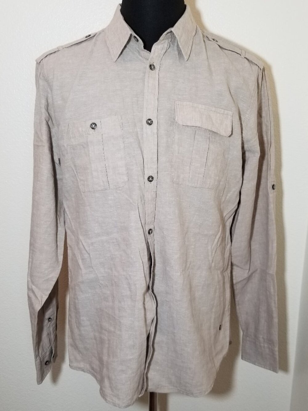 Point Zero Mens Large Tan Linen Long Sleeve Button Up Shirt Resort Coastal Beach
